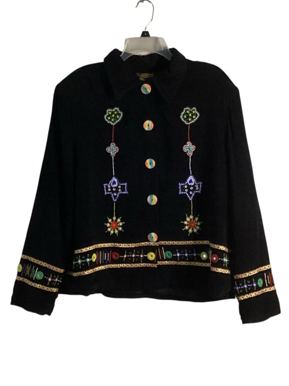 Allure Black Embellished Snap Button-Front Blazer with Multicolor Beading XL